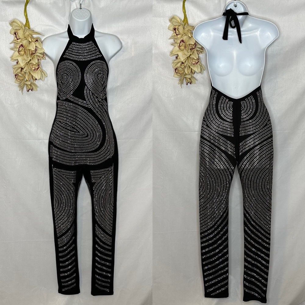 NWOT Black jumpsuit with silver rhinestone style studs